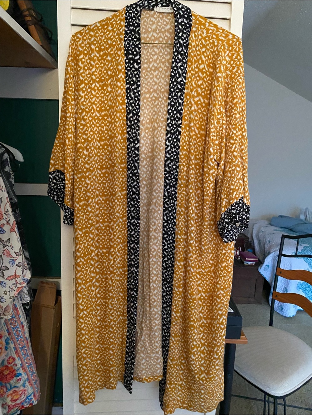 Audrey Mustard Yellow Printed Kimono with Black Trim